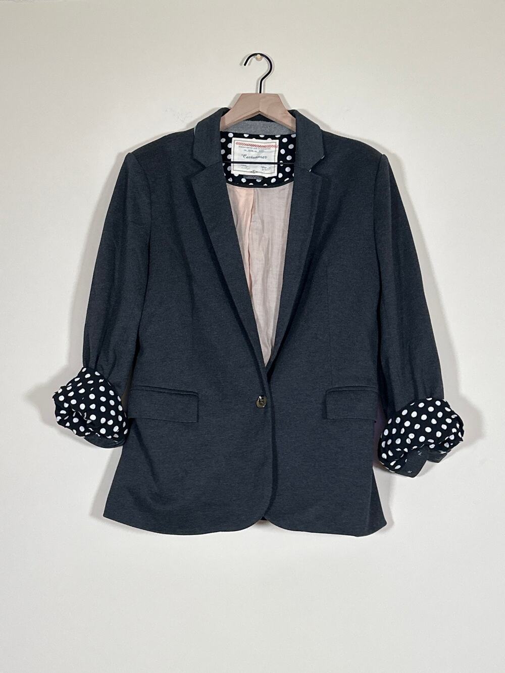 Anthropologie Cartonnier Gray Blazer Polka Dot Cuffs Elbow Patches XL